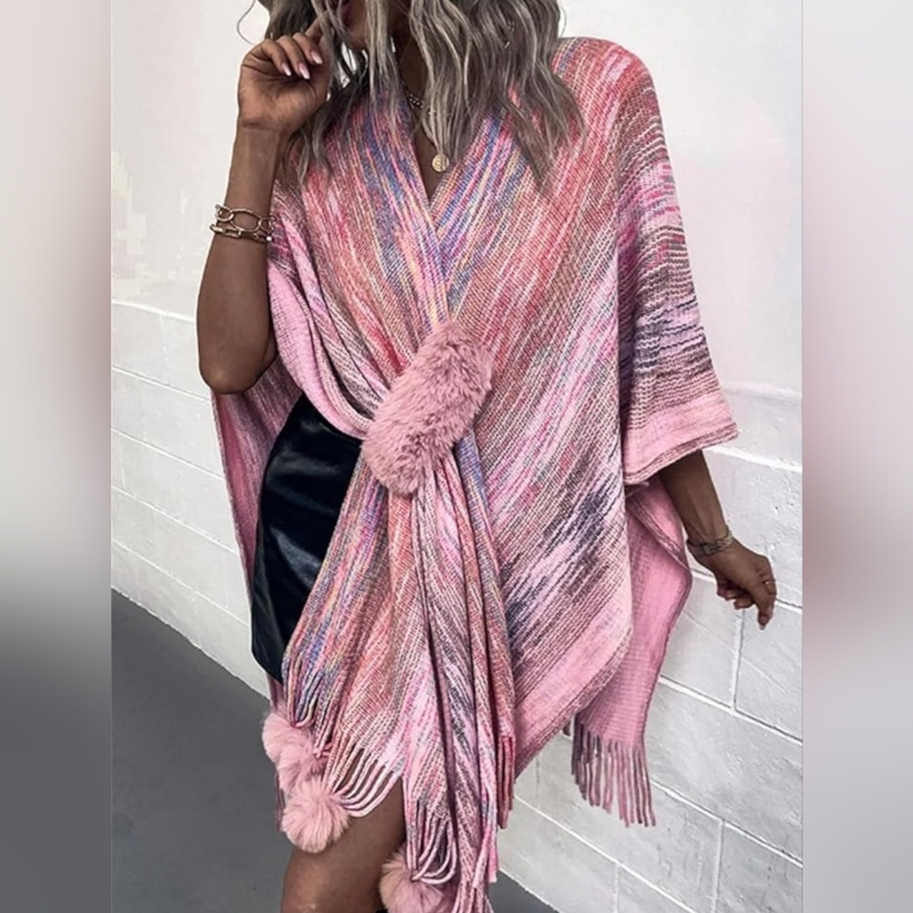 Pink Rainbow Faux Fur Pom Pom Fringe Assymetrical Poncho Wrap